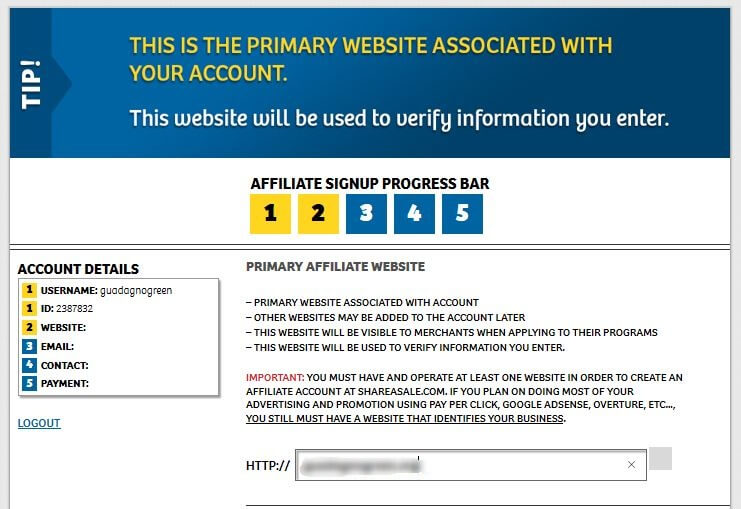 ShareASale 添加你的主要網站信息